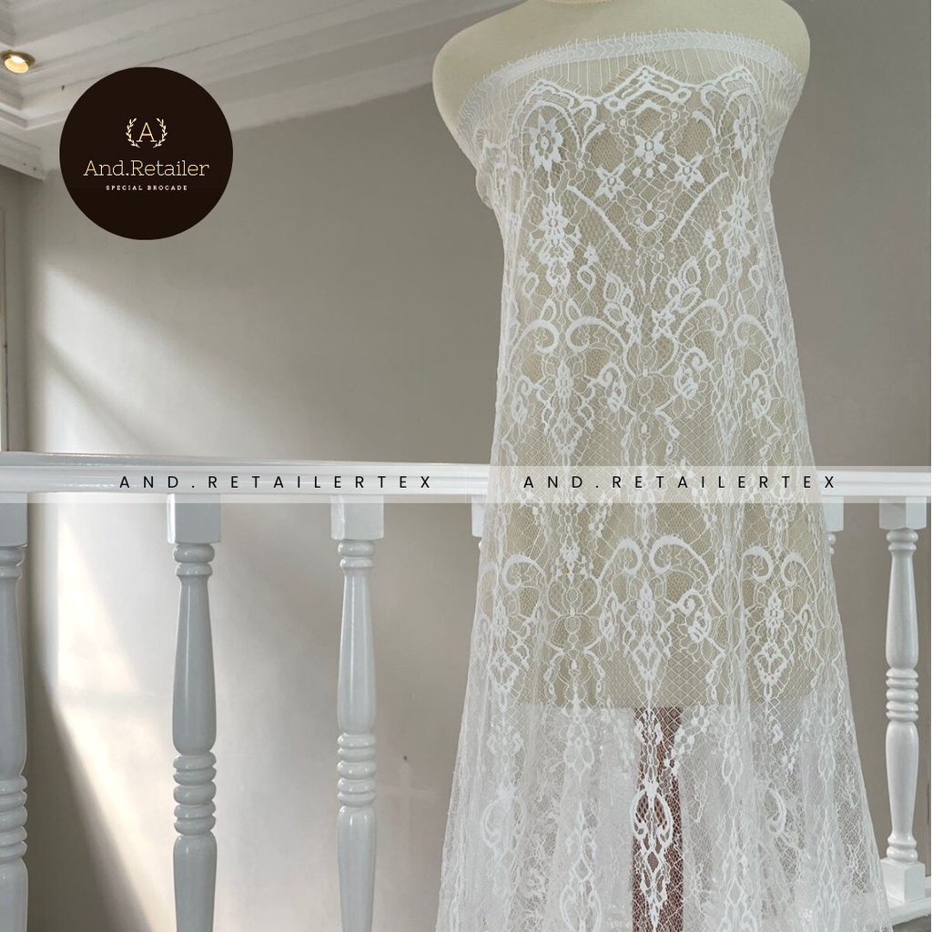 Bahan Kebaya Brokat Semi France Lace Chantily Shantily Katun Per panel 2,5m Warna White Putih