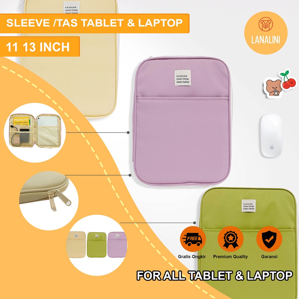 Sleeve Pouch Sarung Tas Bag Case Ipad Tab Tablet Macbook Air Pro Laptop Asus Acer Lenovo HP Huawei 11 12 13 14 15 inch Motif Gambar Polos Warna Biru Navy Hijau Pink Putih Khaki Lucu Cute Murah Korean Model Banyak Ruang Slot Stationary