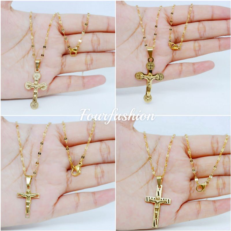 FF Kalung Titanium Set Liontin Salib Perhiasan Rohani Kristen Katolik Rosario Corpus Kalung Salib TS025