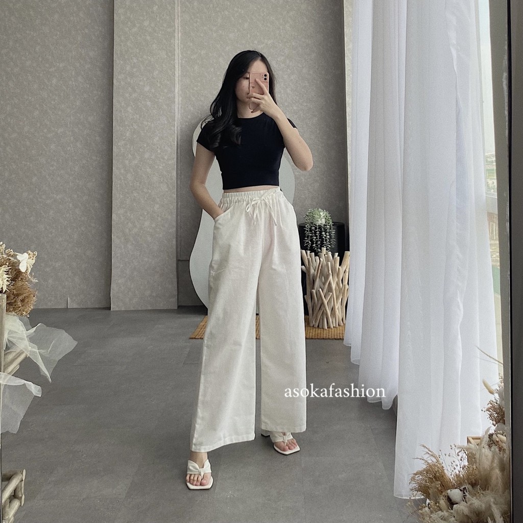 ASOKA Celana Kulot Linen Highwaist Pinggang Karet Wide Leg Cullote 552