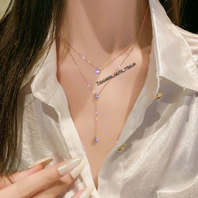 Kalung Titanium Rantai ganda diamond JGT04P perhiasan fashion Korea anti karat&amp;anti luntur