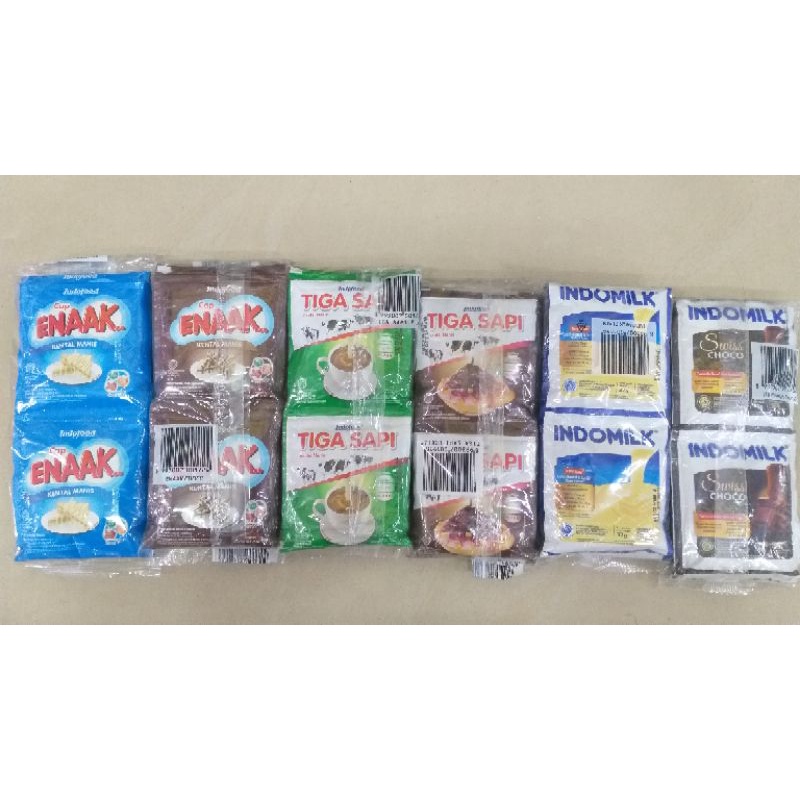 

susu kental manis / krimer kental manis sachet / renceng putih & coklat indomilk,tiga sapi & enak