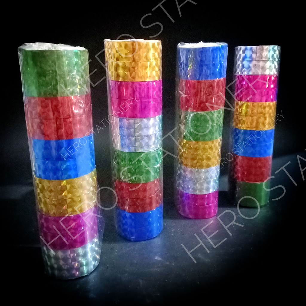 

Selotip solatip isolasi plester hologram warna 0.5 inch tebal gulungan 1 mm . 12 roll