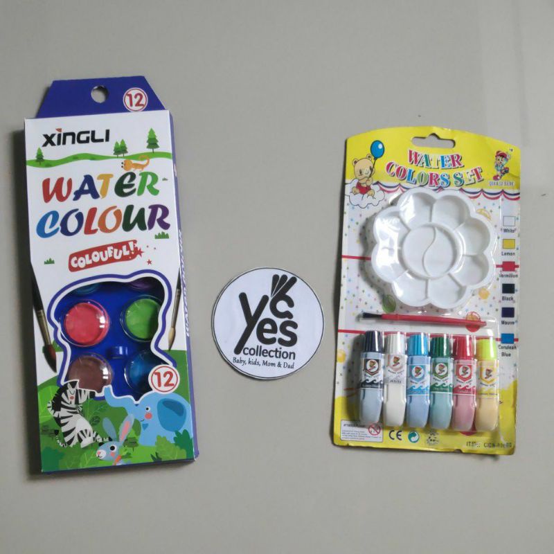 Cat air 12 Warna lukis 3in1 Perlengkapan Lukis Set Kuas Tempat Pewarna Cair