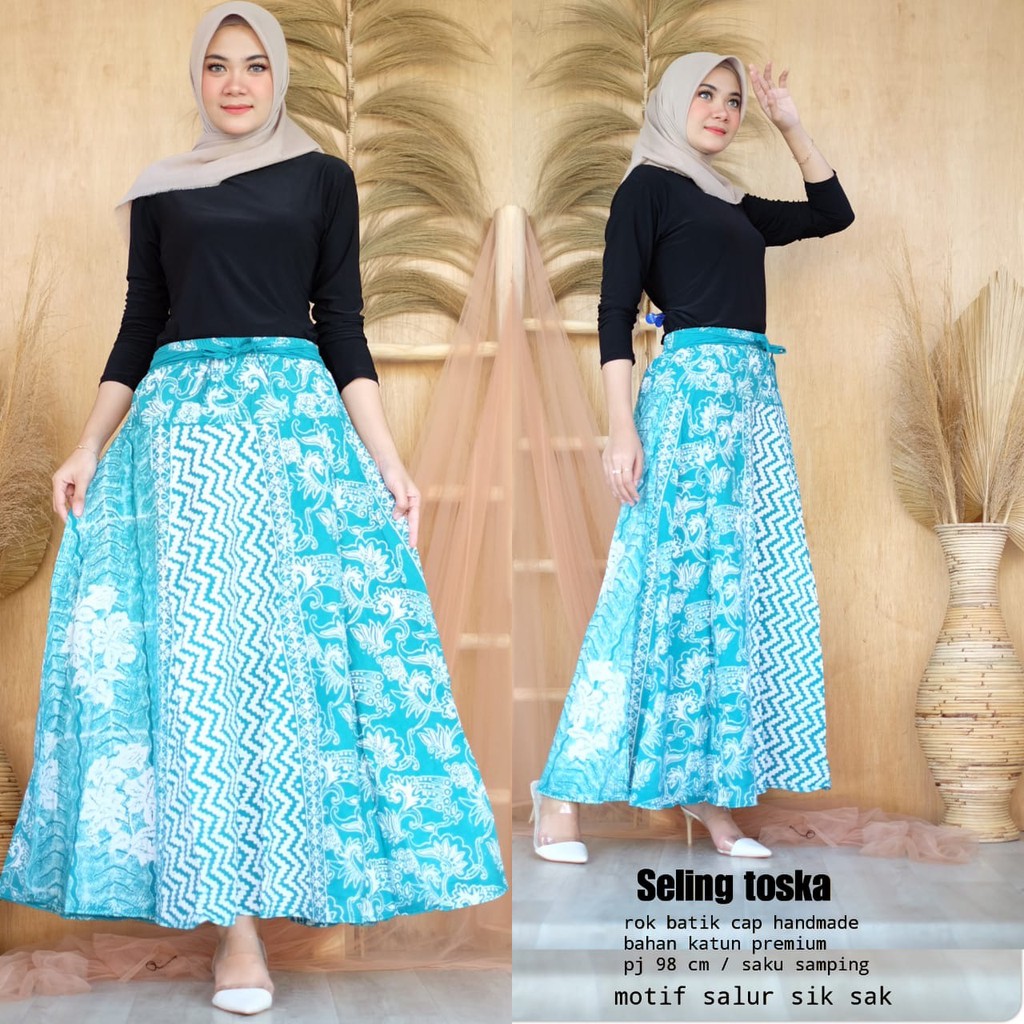 Rok Seling Tosca Batik Bawahan Rok Cap Handmade Modern Klok Seragam Cantik Pesta Muslim