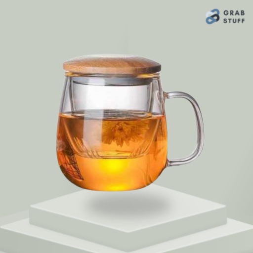 Gelas Cangkir Teh Kaca Transparan Tea Cup Mug with Infuser Filter / Gelas Saringan Teh Kaca Tea Glas