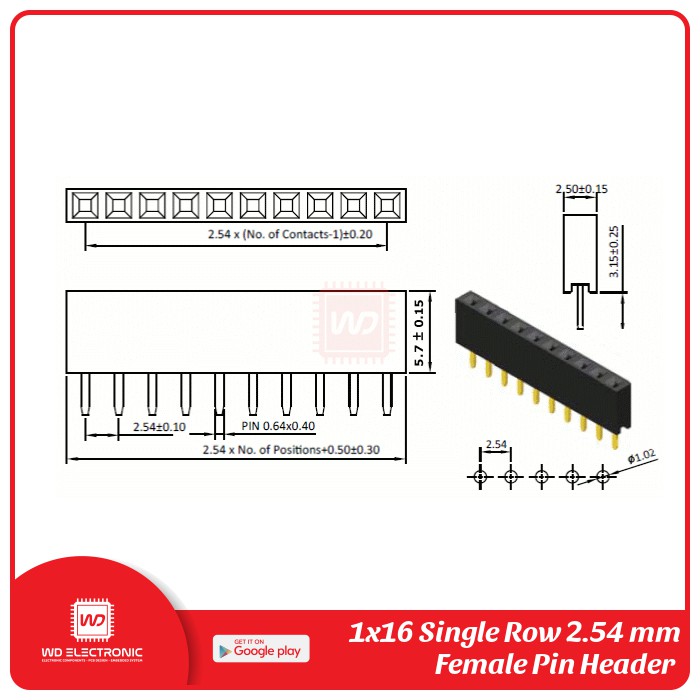 PIN HEADER SINGLE ROW 1x16 FEMALE HEADER 2.54mm