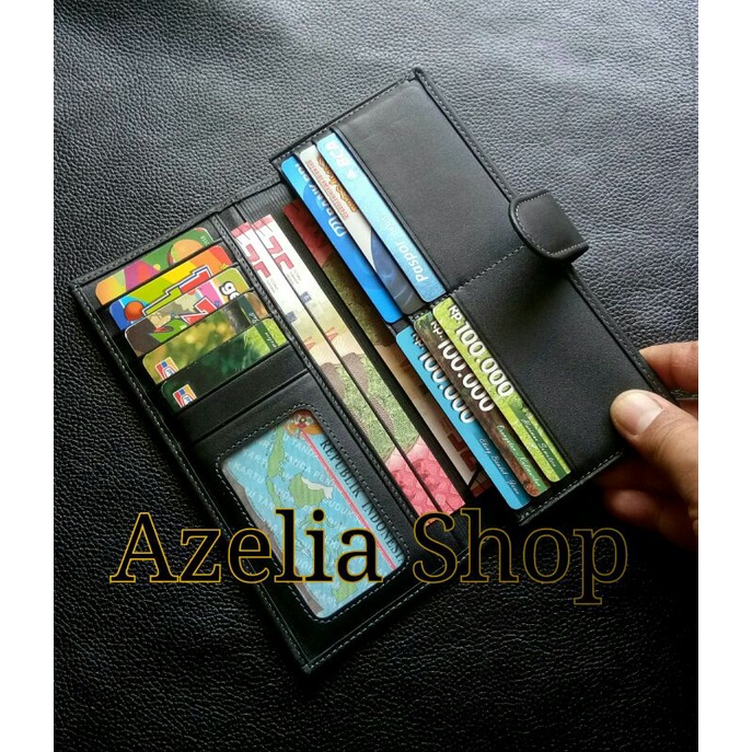 Dompet kulit panjang wanita-asli-original-lipat-kartu-hitam polos-garut