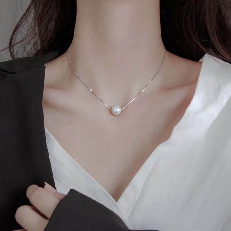 Korean Women Charm Elegant Dainty White Single Gold Pearl Pendant Necklace /Fresh Style Small Ball Simulated Pearl Clavicle Necklace