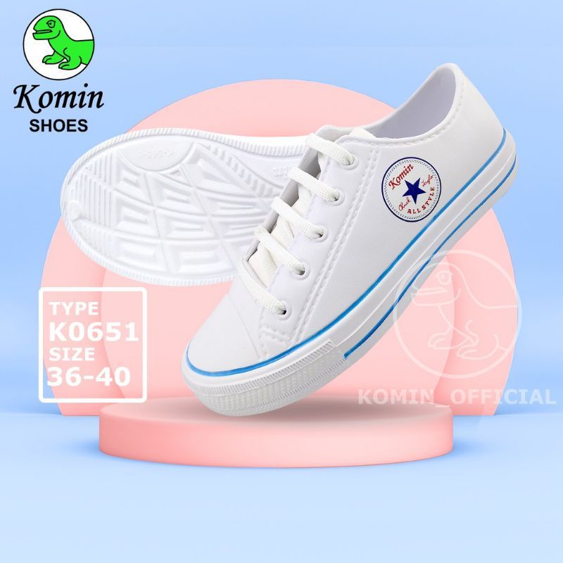 PROMO..!! SEPATU KATS KOMIN K065-1 / SEPATU CEWEK TALI WARNA PUTIH-Garis biru