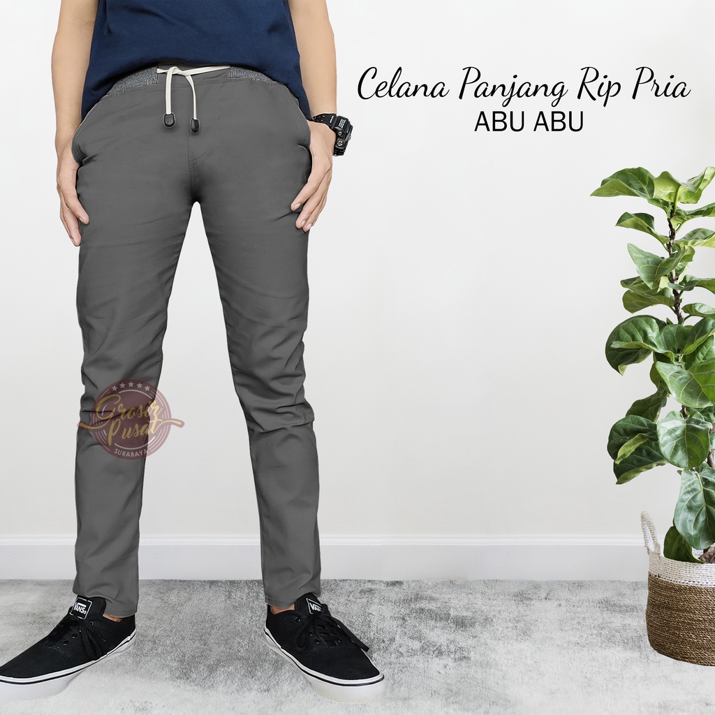 Celana Panjang Chinos Pria Abu Model Rip Pinggang Karet