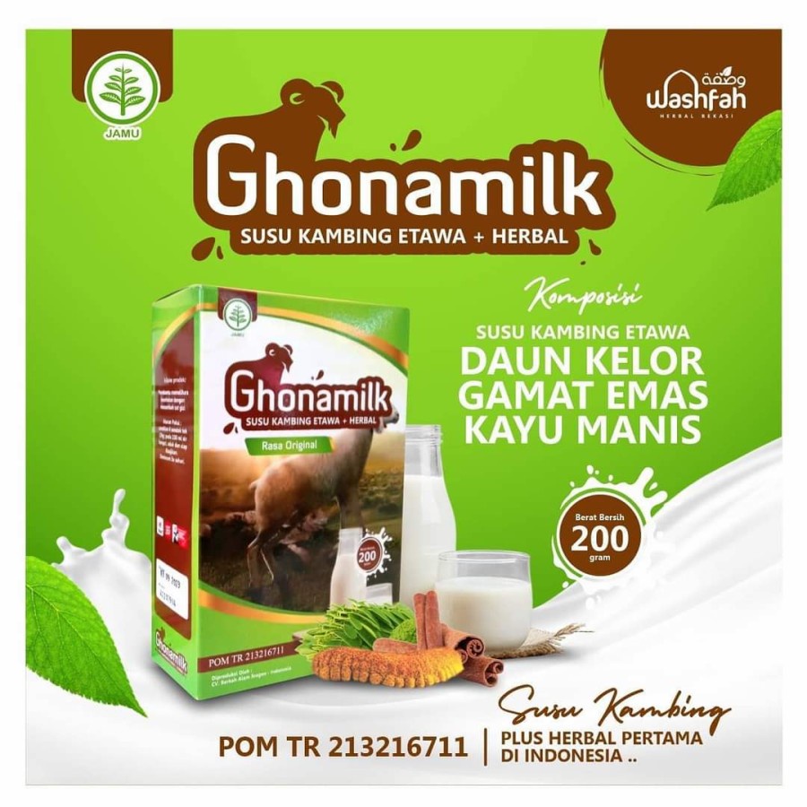 

Paket 6 Box Ghonamilk Susu Kambing Etawa Ghonamilk Premium 200gr Plus Herbal Daun Kelor Gamat Emas