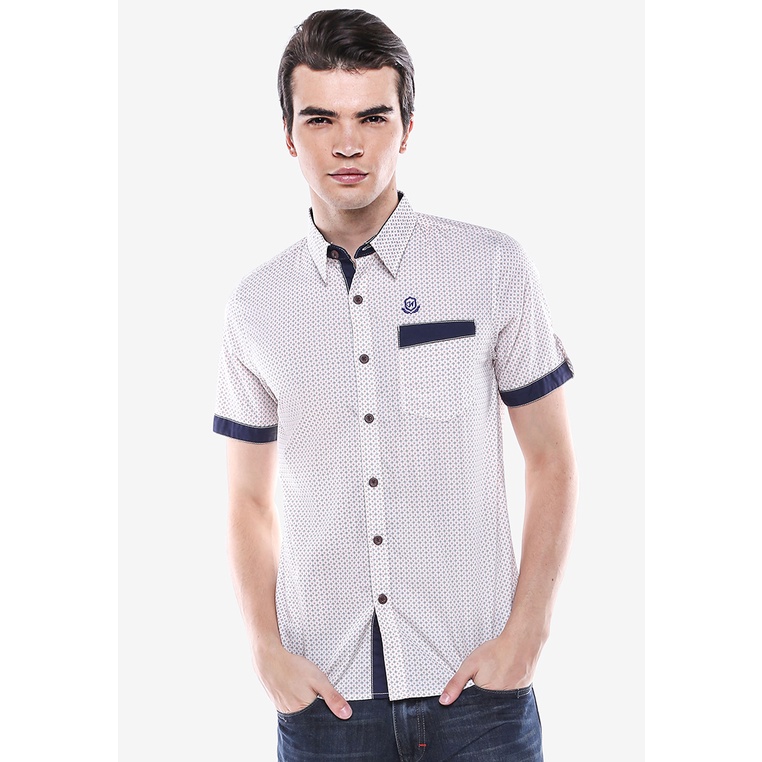 Johnwin - Kemeja Casual - Kemeja Pria - Kemeja Lengan Pendek - Slim Fit - Putih - Corak Penuh - List