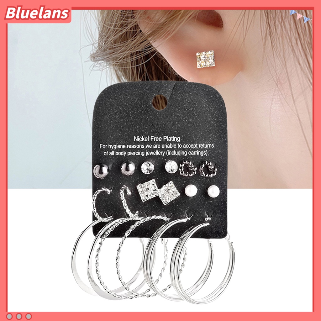 Bluelans 9 Pairs Earring Rhinestone Inlaid Jewelry Gift Alloy Stud Hoop Earrings Set