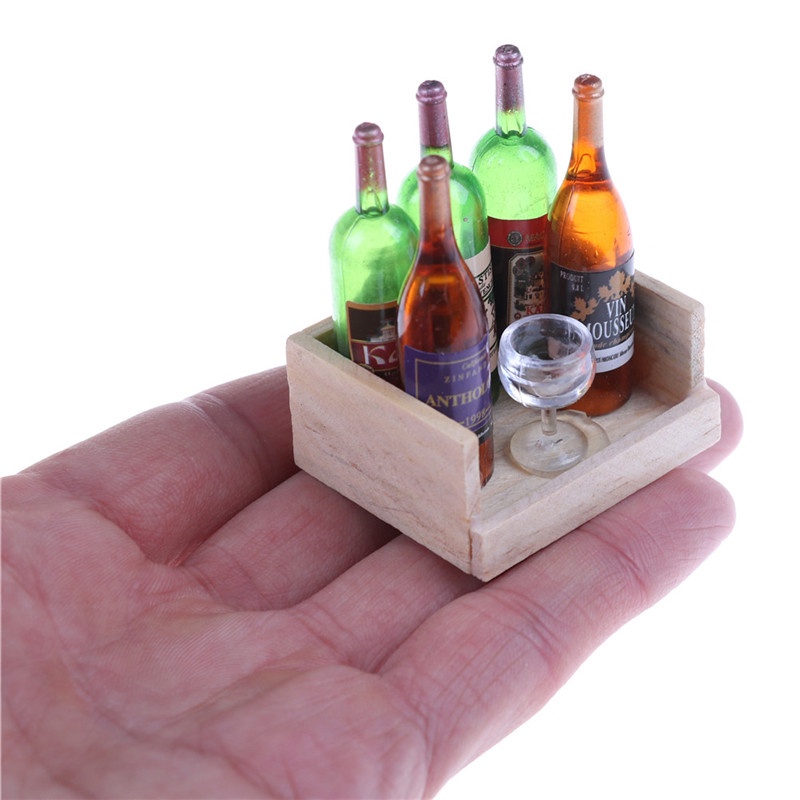 【beautifulhome12.id】Wine Juice Bottles Cup Wood Rack 1:12 Dollhouse Drink Miniature Accessory