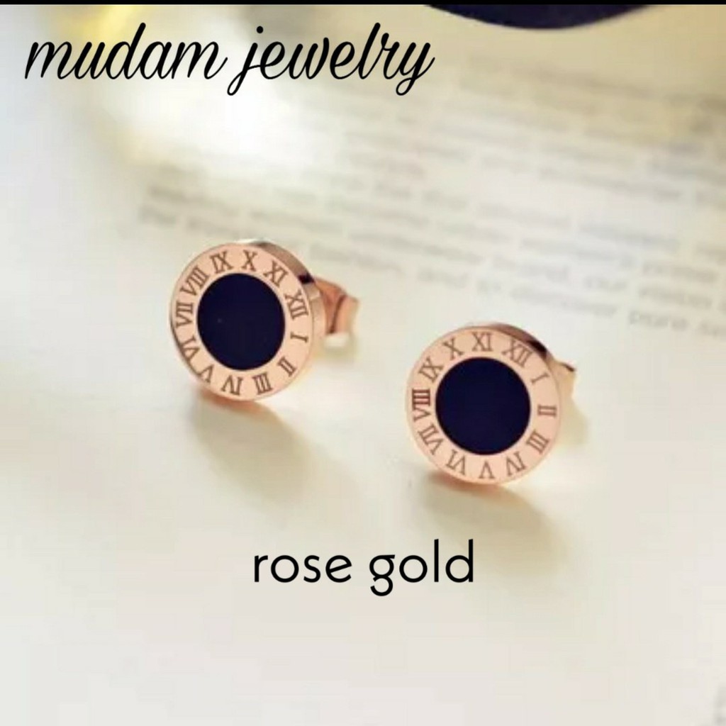 Anting Titanium Stud B<lgr Angka Romawi Untuk Wanita dan Pria Warna Rose Gold, Gold dan Silver-Rose Gold