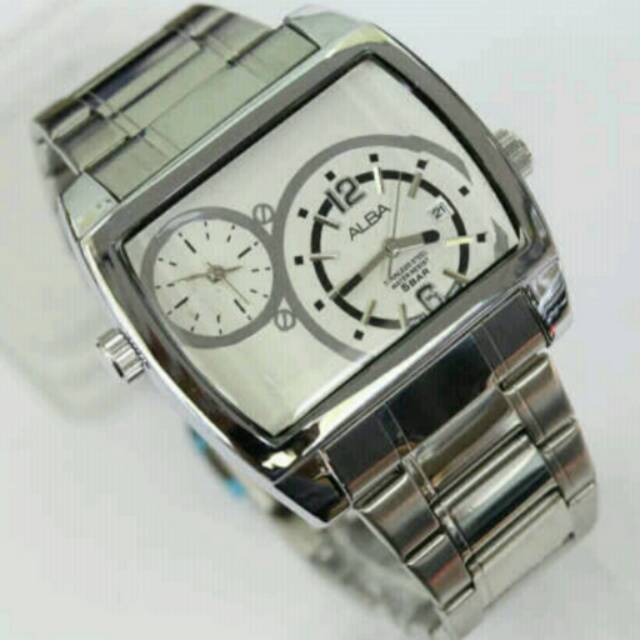 Jam tangan pria elegant exclusive Alba  Dual Time Gp premium silver