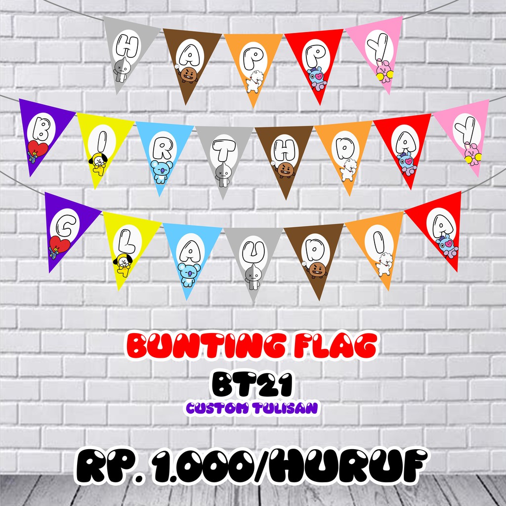 AFY Undangan Bunting Flag BT21 Segtiga | Banner Ulang Tahun | Bendera Ulang Tahun tema BT21