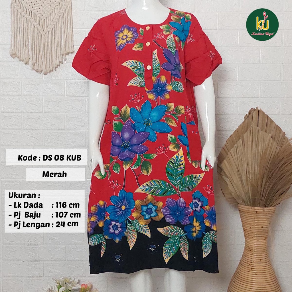 Bisa COD DS08 KUB | Daster Batik Kencana Ungu Asli Label Biru | Baju Santai Tidur Wanita Dewasa Kancing Depan Busui Friendly Motif Terbaru-Merah C