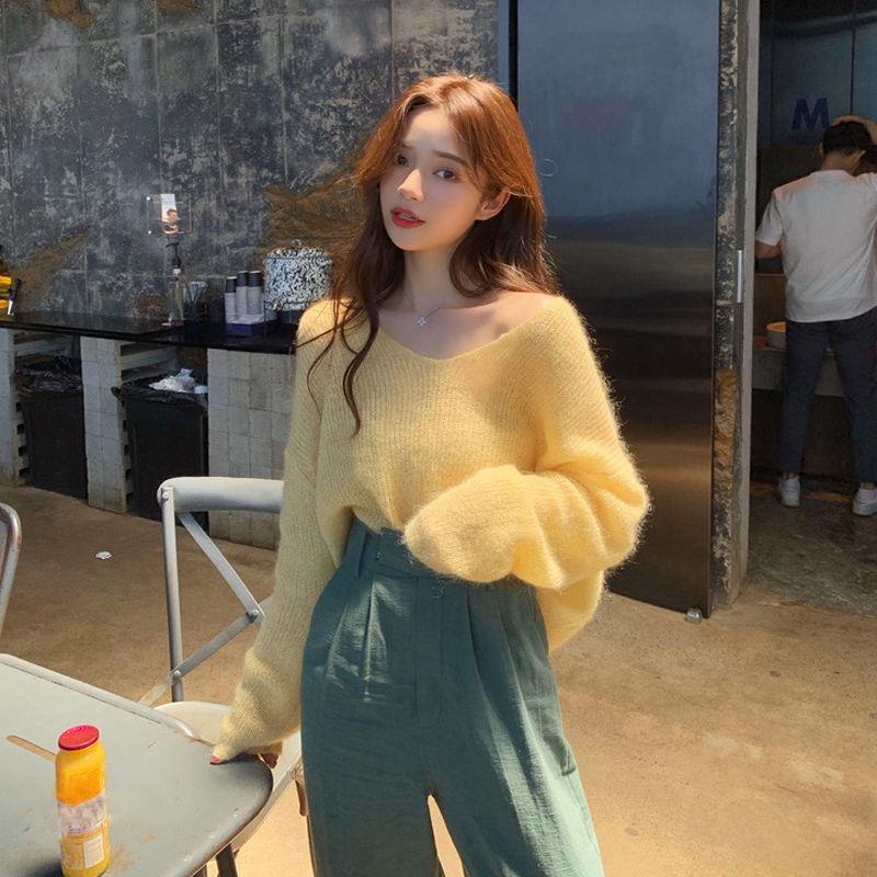 V-neck sweater wanita pakaian luar longgar gaya Korea gaya malas musim gugur 2019 baru jaket sweater