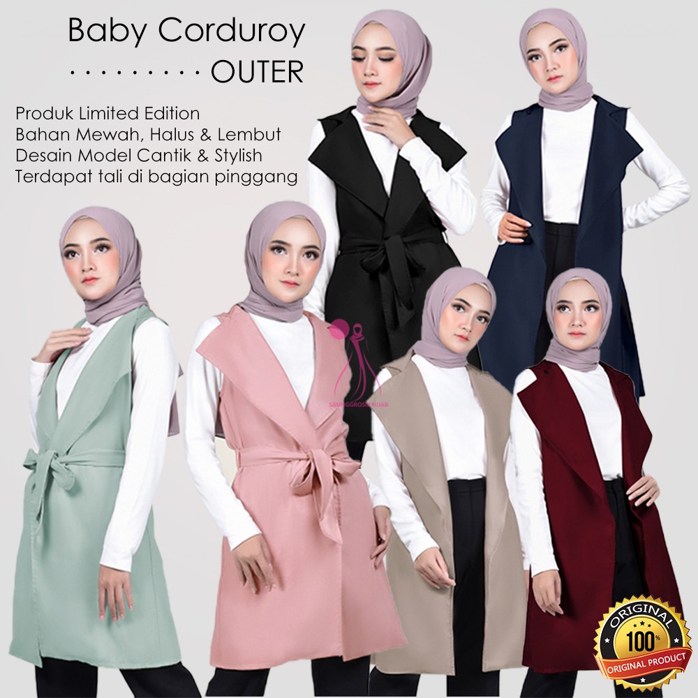 Baju Cardigan Panjang Wanita Kekinian Tanpa lengan Kain Baby Corduroy Outer Stylish Modis Terbaru