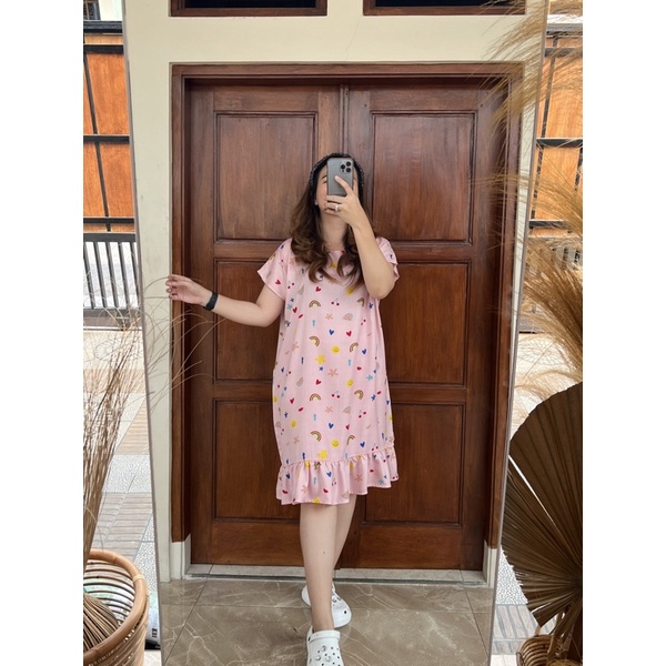 Daster Viral | Daster Ruffle Rayon | Daster Kekinian-Pelangi salem