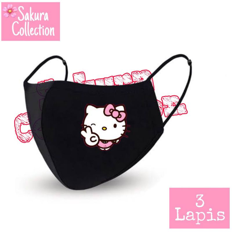 Masker Hello Kitty Kain 3ply / Lapis - Scuba Anak Dewasa - Earloop