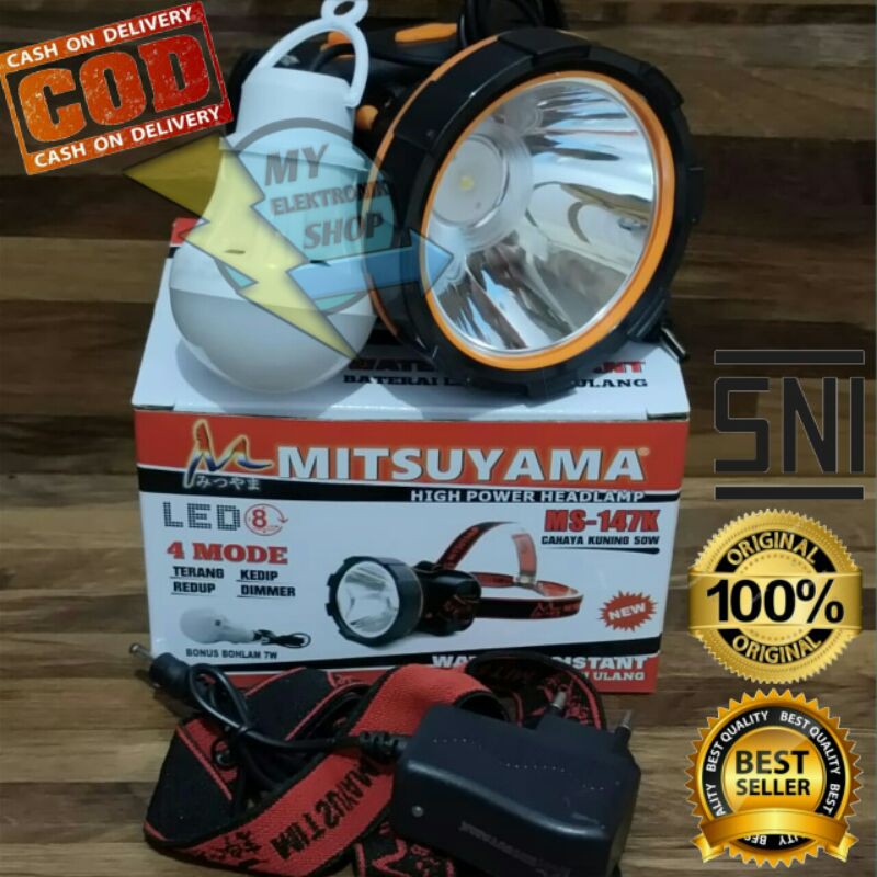 Senter Kepala 50Watt LED Cahaya Kuning MITSUYAMA Headlamp LED 50W Senter kepala Dimmer Water Resistant Ms-147K Free bohlam