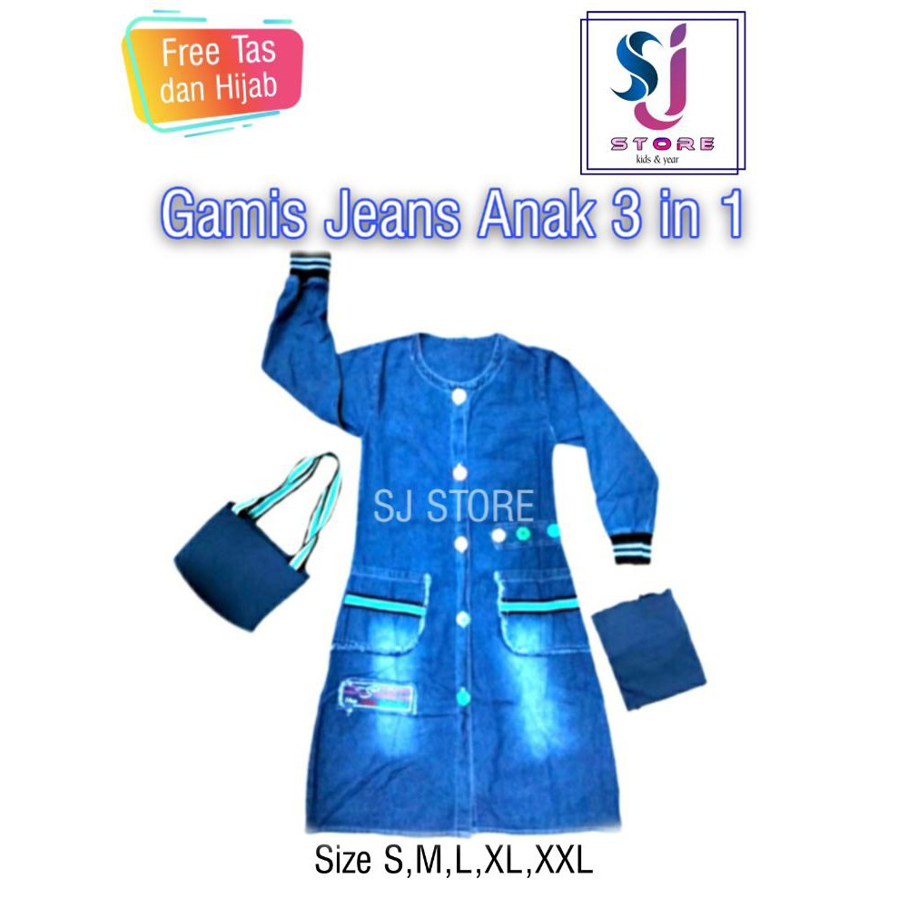 Baju Gamis Jeans Anak Perempuan / Pakaian Muslim Anak Perempuan 3in1 4 Sampai 11 Tahun