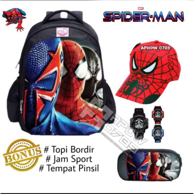 Tas ransel anak laki-laki karakter superhero spiiderman gratis topi tempat pinsil jam tangan - tas anak