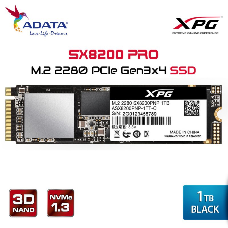 SSD Adata SX8200 Pro 1TB M.2 PCIe NVMe 1.3 Gen3x4 SX8200Pro