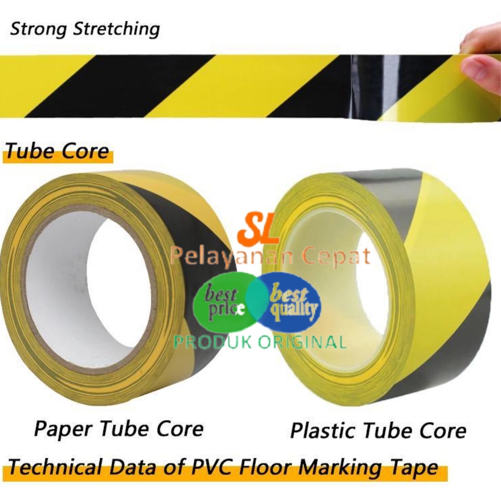 Lakban Garis Polisi Hitam Kuning PVC Tahan Air Lakban Lantai Pembatas Area Floor Marking Tape