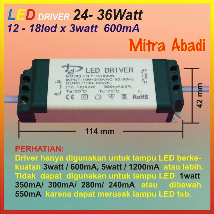 LED Driver 12-18x3 Watt 600 mA Casing Plastik