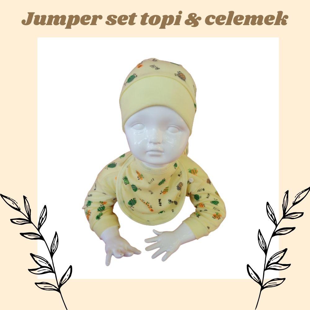 sleep suit karakter set celemek dan topi / baby jumper / baju bayi set