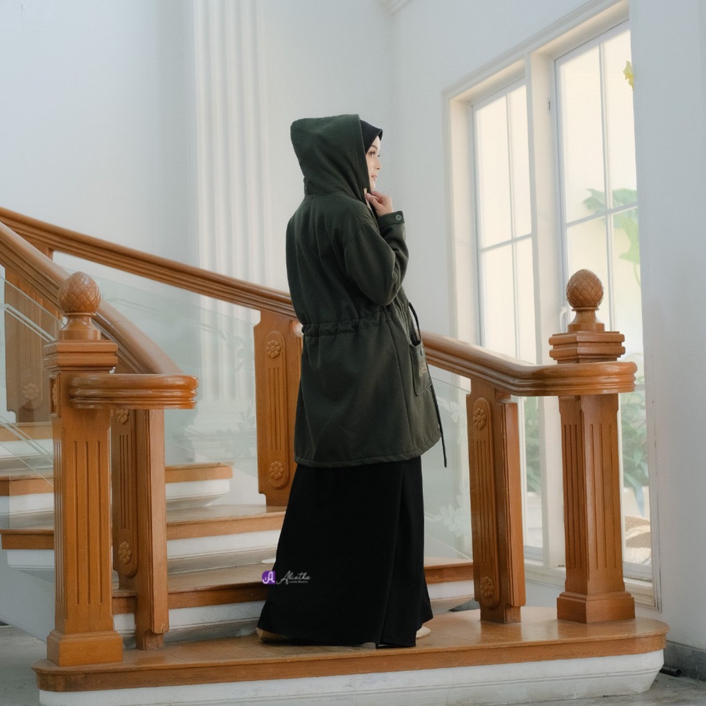 Jaket Panjang Outer Wanita Muslimah Hijab Hoodie Terbaru Kekinian-Green Army