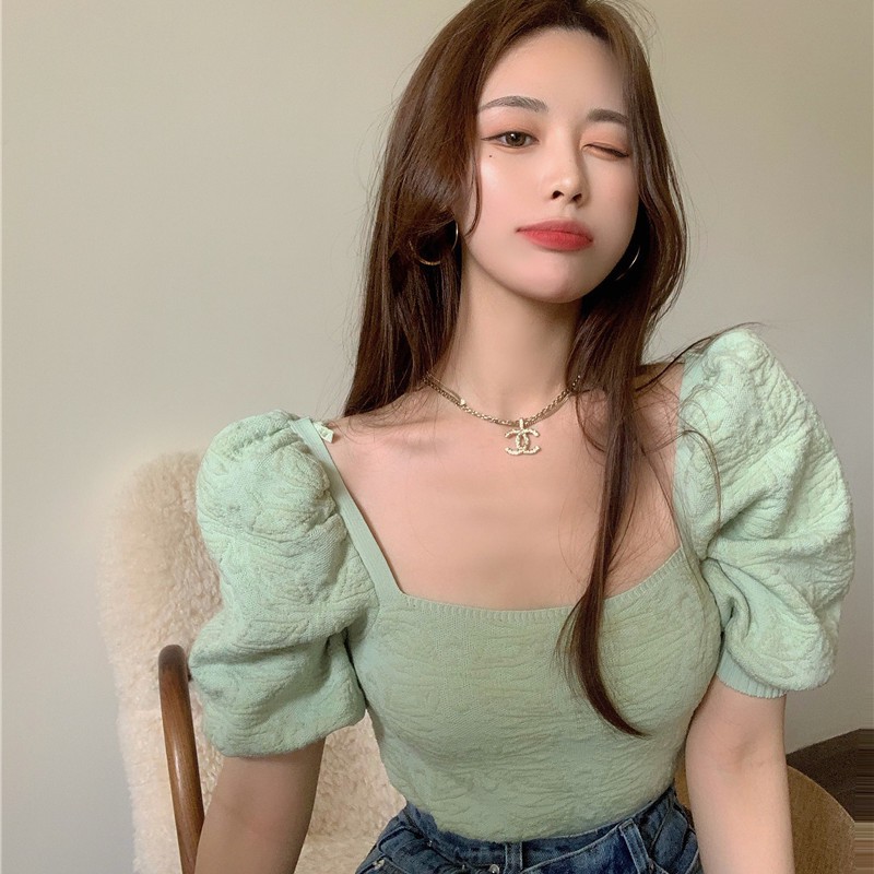 Baru Jacquard Puff Sleeve Retro Square Kerah Pendek Top Wanita Fit Ramping Pelangsing Sweater 3ccH