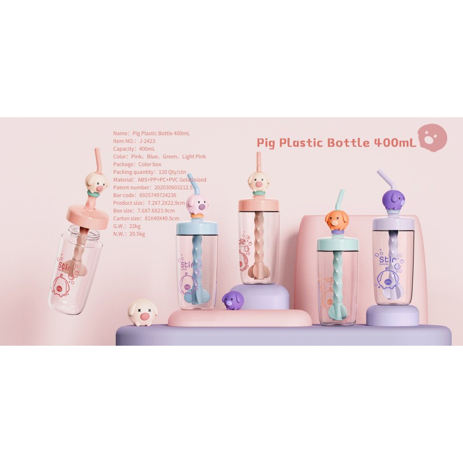 BOTOL MINUM STIRRING STRAW  PLASTIC CUTE X&W  J-2423 400 ML
