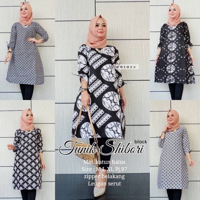 [ADA COUPLE JUMBO] Tunik Shibori Black Batik Serut Monochrome Monokrom Muslim Seragam Kerja Kantor