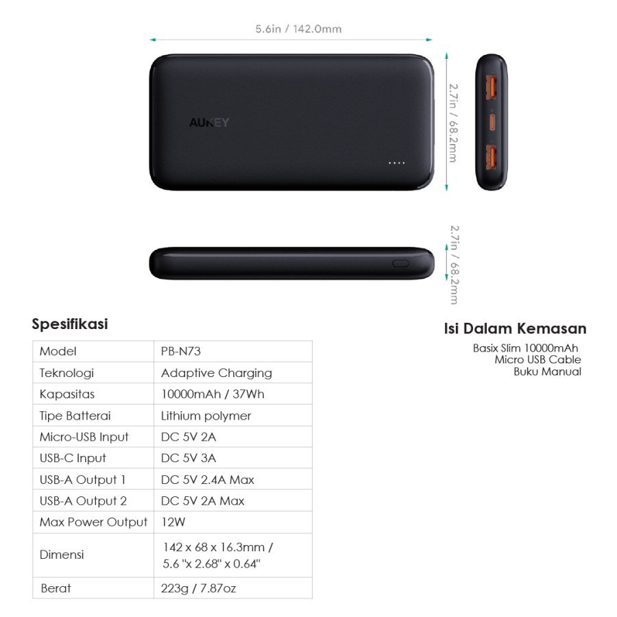 Powerbank Power bank Aukey PB-N73 PBN73 Basic Slim 10000mAh