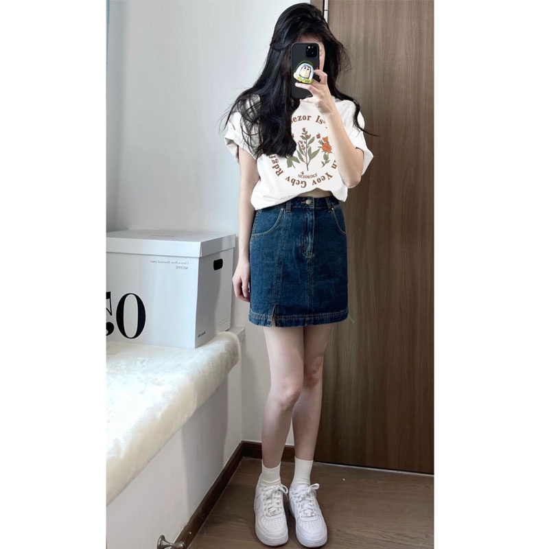 XIAOZHAINV Kaos Putih Atasan Wanita Round Flower Pattern Lengan Pendek 0150