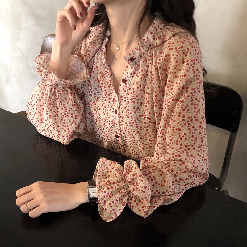  Kemeja  Model  Longgar Lengan Panjang Motif  Bunga  Gaya Korea 