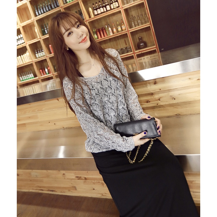 2pcs Set Wear Green Yellow Blue Grey Black Long Sleeve Knitted Sweater + Korean Slim Long Dresses for Women Gaun Sweater Rajut Wanita Setelan