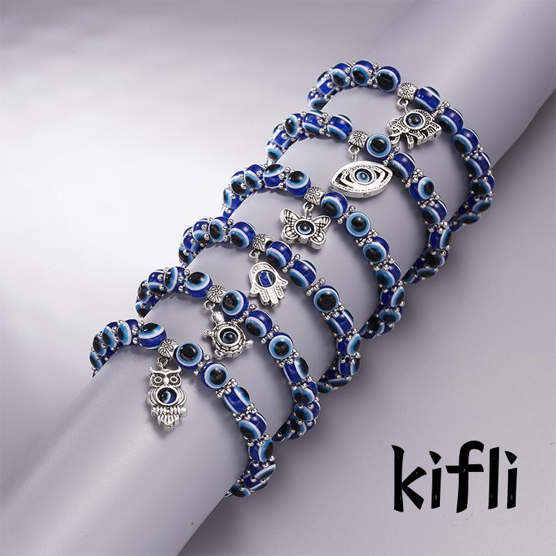 Gelang Tangan Tali,Elastis Manik Kaca,Bulat Motif Mata Iblis,Biru Gaya Klasik,Untuk Wanita