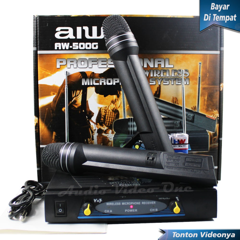 Mic Wireless Aiwa AW-500G Microphone Vocal Mik Karaoke Mikrofon Vokal 2 Handle