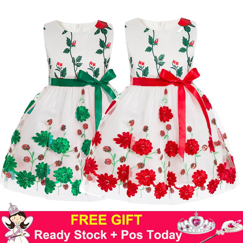 green and red floral dress