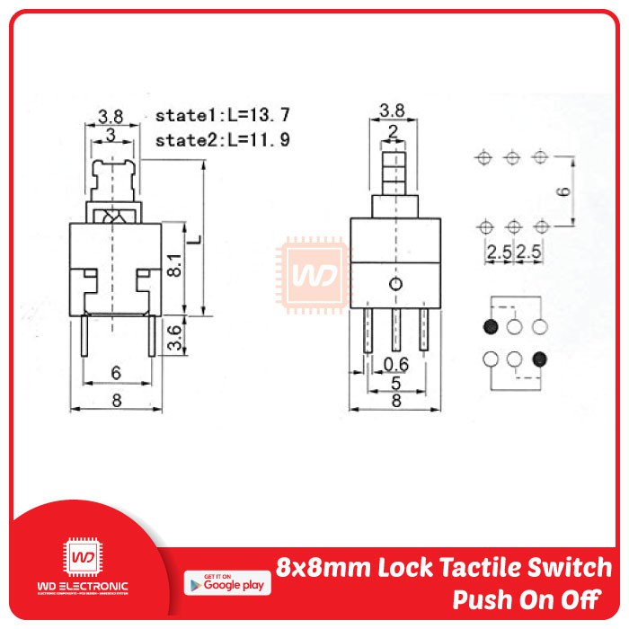 Lock tactile switch 8x8 mm push on off 8x8mm