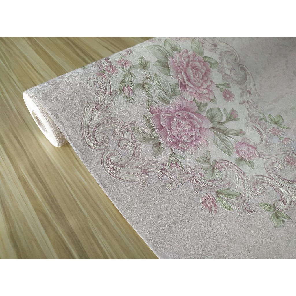 Wallpaper Vinyl Vintage Bunga Damask Ungu Pastel Shabby ...