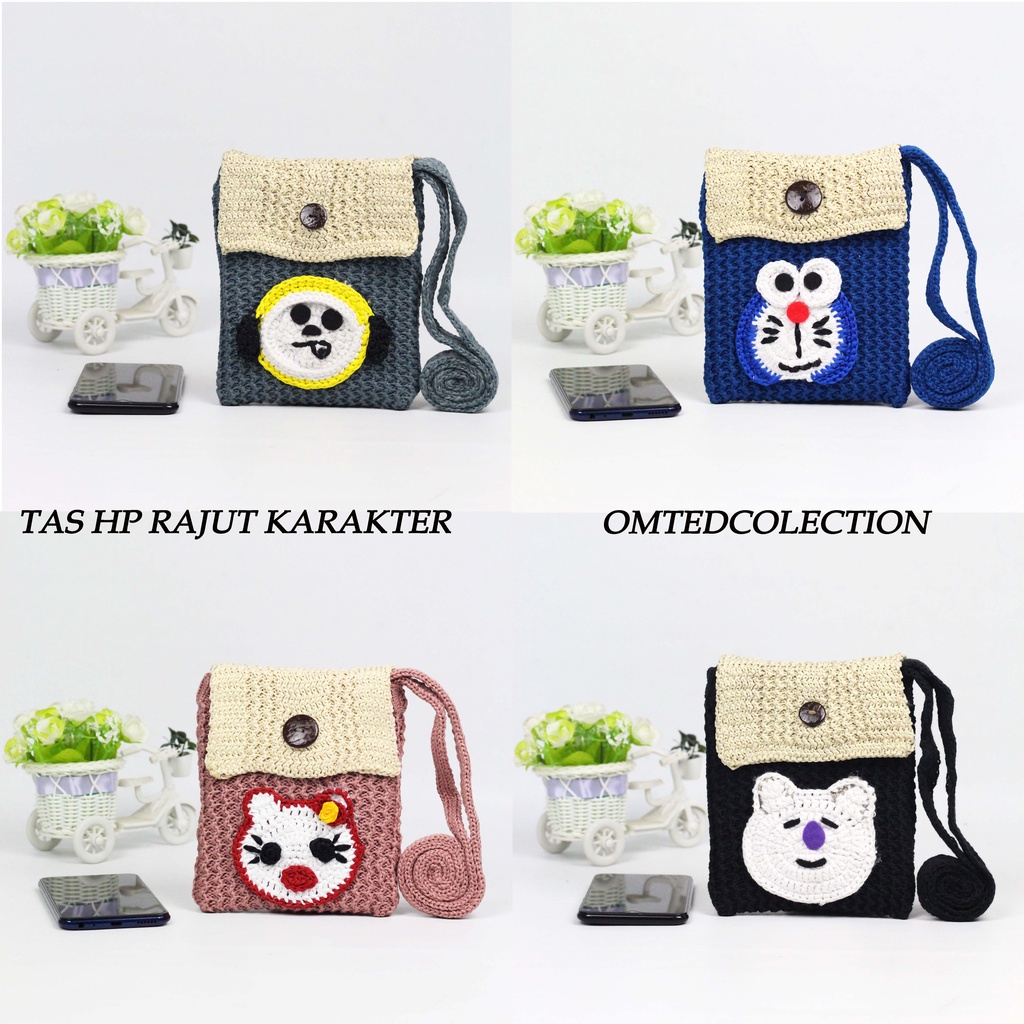 Tas hp rajut karakter - Tas rajut hp karakter - Tas hp selempang rajut karakter - Tas hp rajut selem