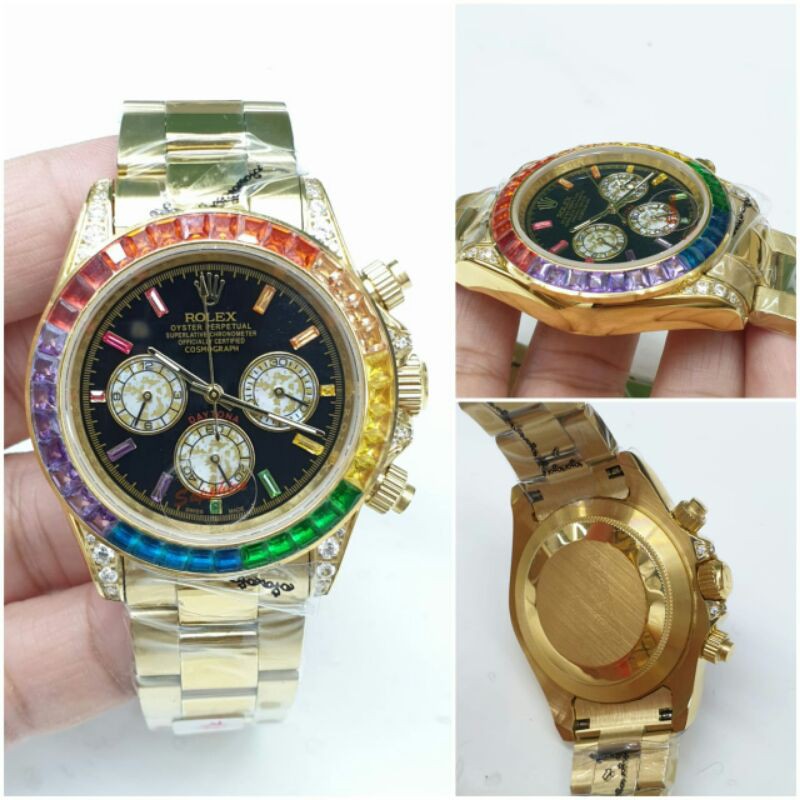 JAM TANGAN PRIA ROLEX DAYTONA RING DIAMOND FULL GOLD CRONO AKTIF JAPAN GRADE AAA+