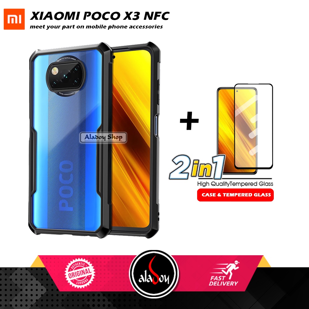 PAKET 2 IN 1 Case Xiaomi Poco X3 NFC Armor Fusion Transparent Prmium Casing Free Tempered Glass